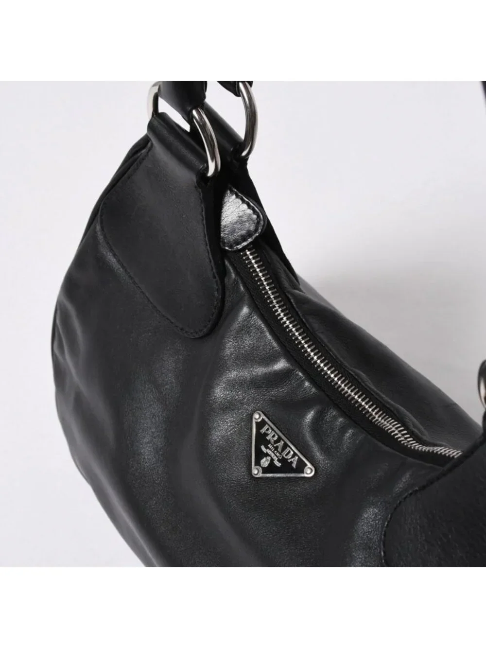 Prada Black Leather Handbag Silver Metal Patent Plate